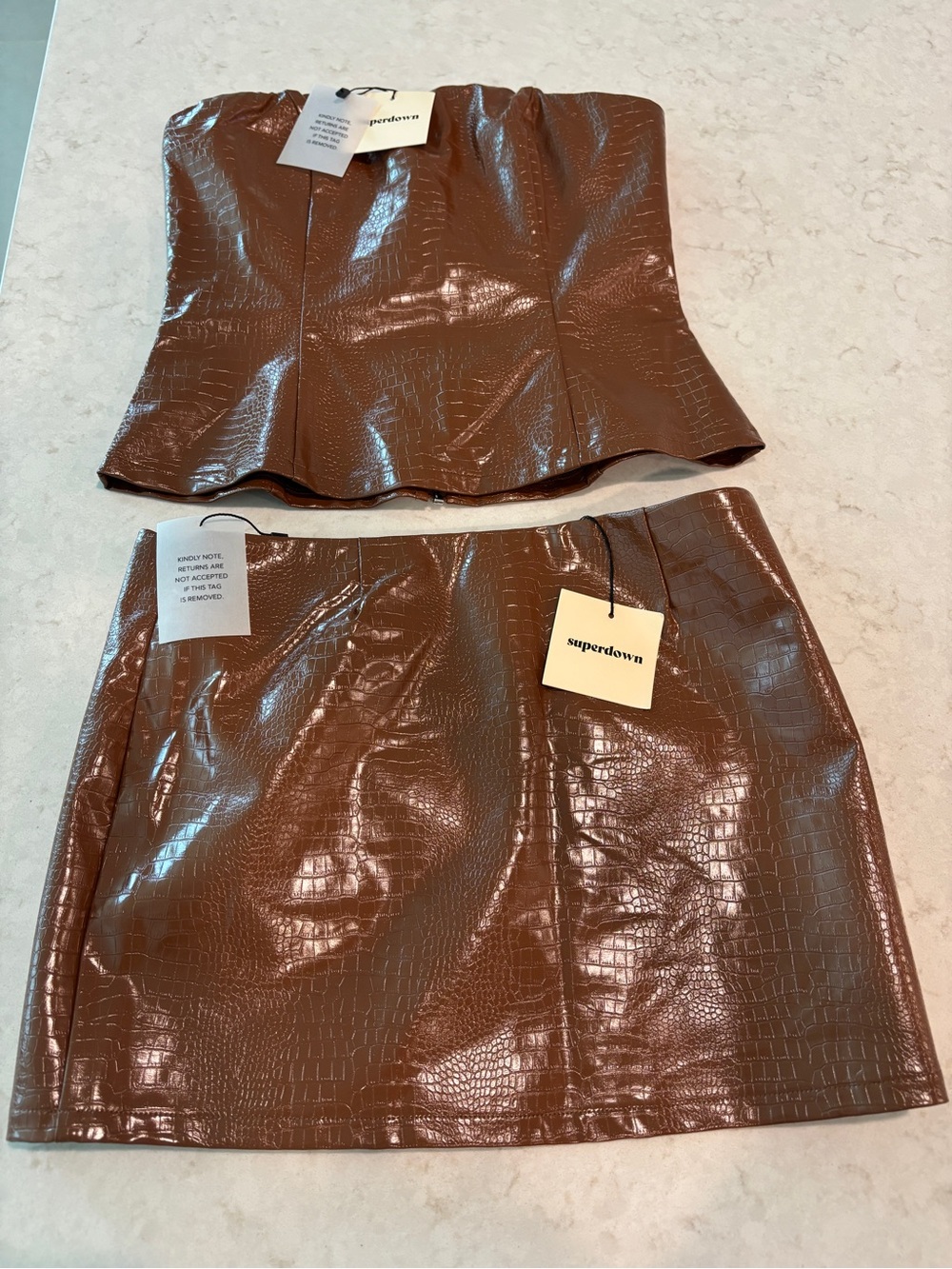 Superdown Brown Croc-Embossed Faux Leather Mini Skirt & Top Set NWT size small